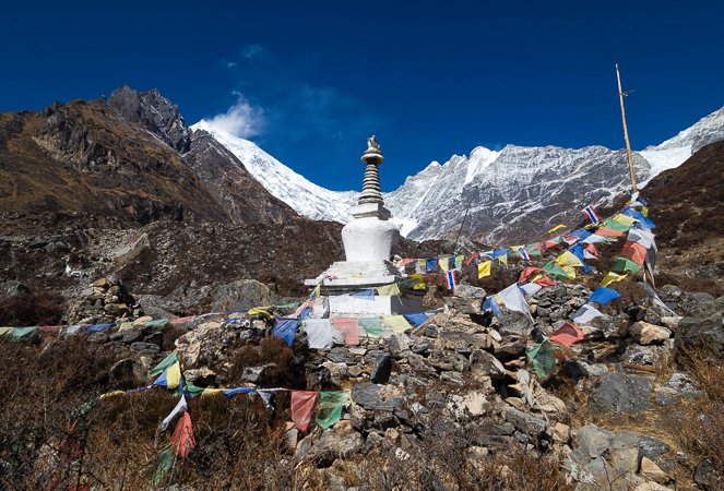 "Buddhist stupa in front of Langtang Lirung Mountain (7227m)"